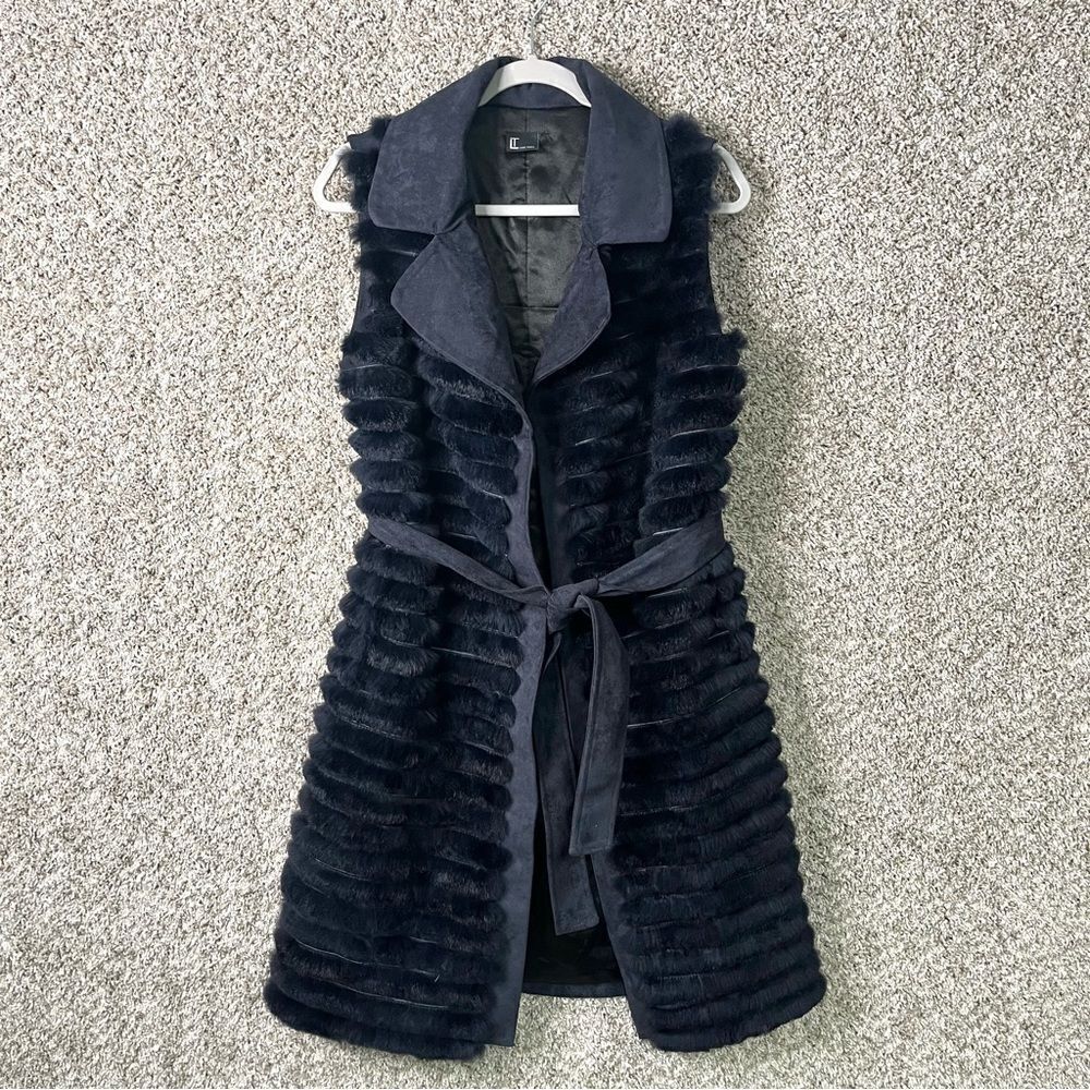 Love Token Vest Women’s Small Dark Blue 100% Rabbit Fur & Suede Waist Tie Long
